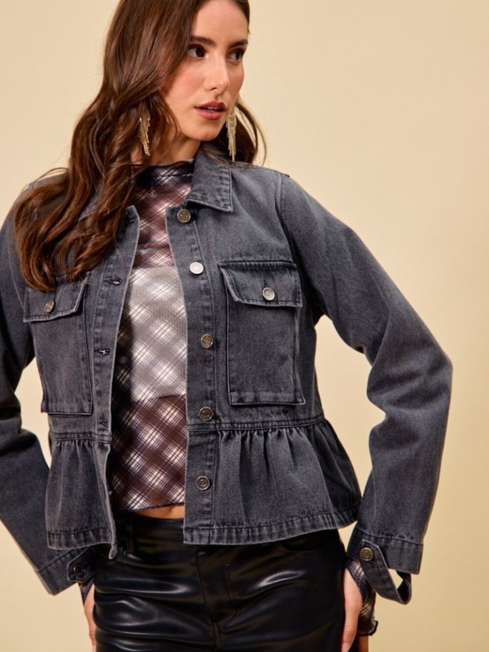 Denim Peplum Hem Front Button Jacket With Pockets - Picture 4 of 7